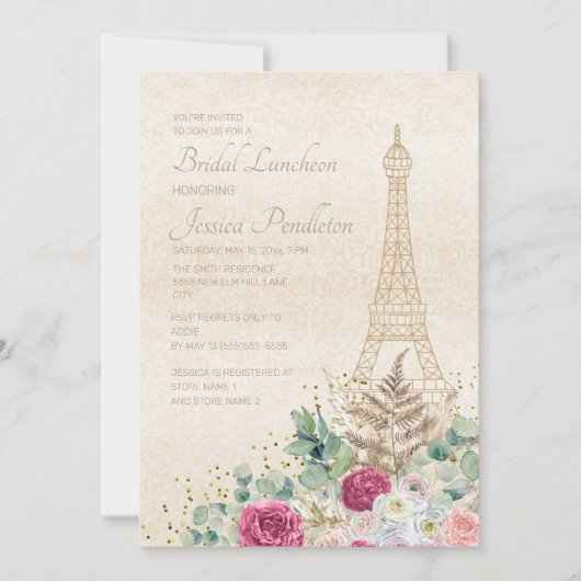 ブライダルシャワーパリフランスのーエッフェルタワーピンク金ゴールド 招待状 (正面)