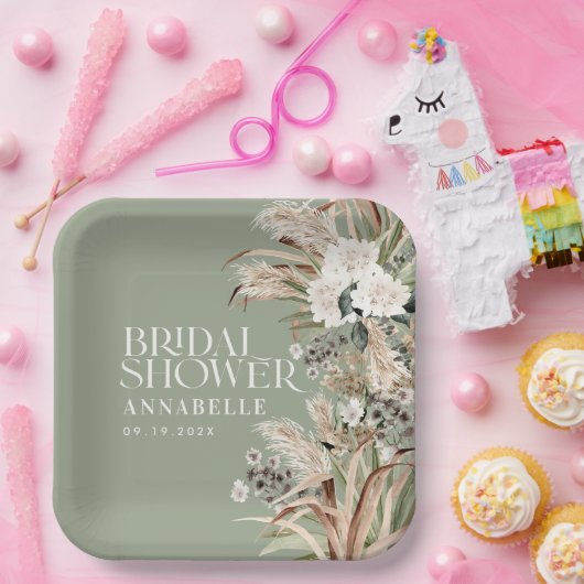 ブライダルシャワーパンパモダンスエレガントセージ緑 ペーパープレート (パーティー)