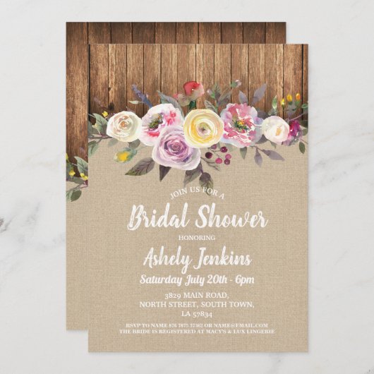 ブライダルシャワーパーティーウッ素朴ド素朴フローラ 招待状 (正面/裏面)