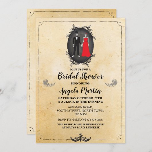 ブライダルシャワーパーティースカルスケルトンズハロウィーンゴシック 招待状 (正面/裏面)