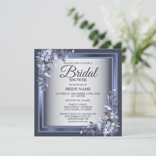 ブライダルシャワーパーティーネイビーブルーフローラシルバーグレイ 招待状 (スタンド正面)