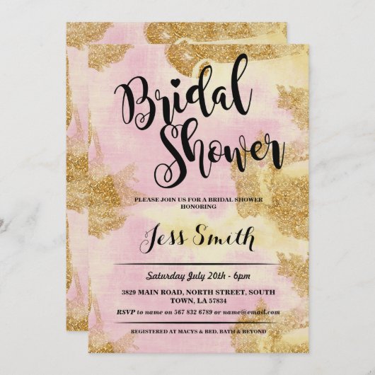 ブライダルシャワーパーティーピンクグリッター金箔招待状 招待状 (正面/裏面)