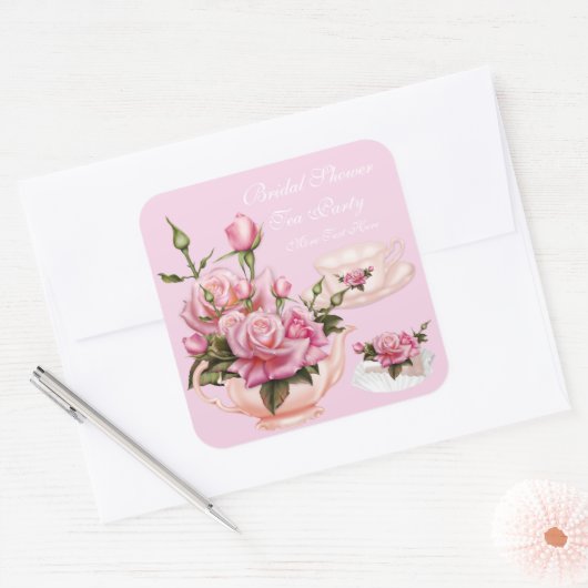 ブライダルシャワーパーティーピンクローズフローラティーポット3 スクエアシール (封筒)