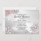 ブライダルシャワーパーティーピンク花ウォーターカラーシルバー 招待状 (正面)