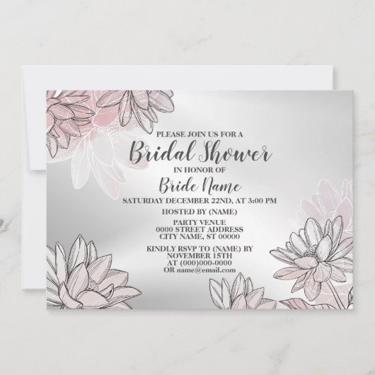 ブライダルシャワーパーティーピンク花ウォーターカラーシルバー 招待状 (正面)