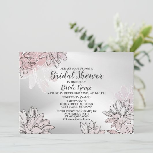 ブライダルシャワーパーティーピンク花ウォーターカラーシルバー 招待状 (スタンド正面)
