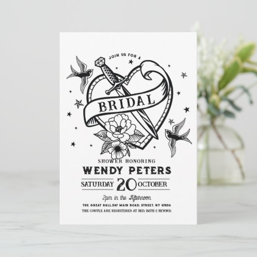 ブライダルシャワーパーティー伝統的タトゥーハートナイフ 招待状 (スタンド正面)