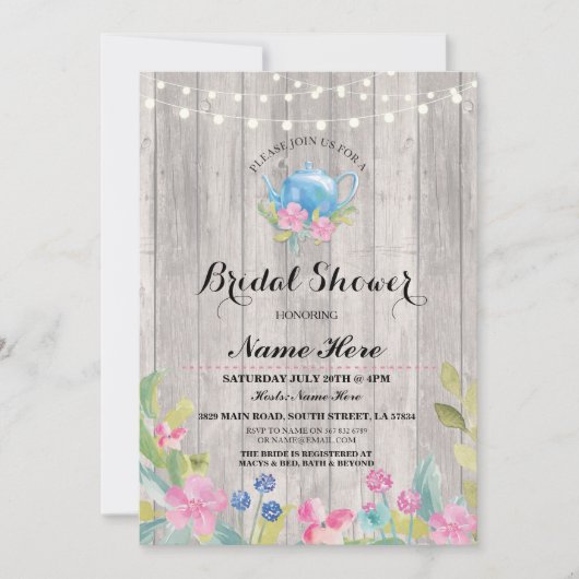 ブライダルシャワーパーティー素朴ティーポットフローラ招待状 招待状 (正面)
