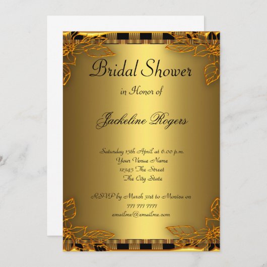 ブライダルシャワーパーティー金ゴールドおよび金ゴールドフレーム 招待状 (正面/裏面)