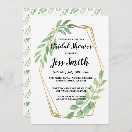 ブライダルシャワーパーティー金ゴールドフレ葉ーム招待状 招待状 (正面/裏面)