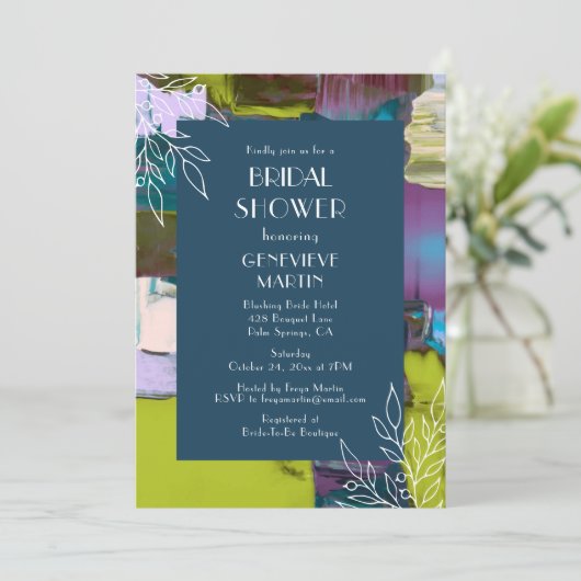 ブライダルシャワーパープルグリーン色彩の鮮やか抽象芸術フローラ 招待状 (スタンド正面)