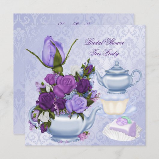 ブライダルシャワーパープルフローラティーパーティー 招待状 (正面/裏面)
