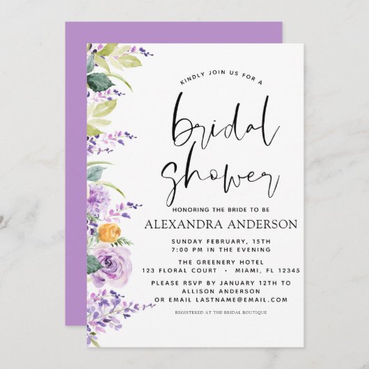 ブライダルシャワーパープルフローラ緑 招待状 (正面/裏面)