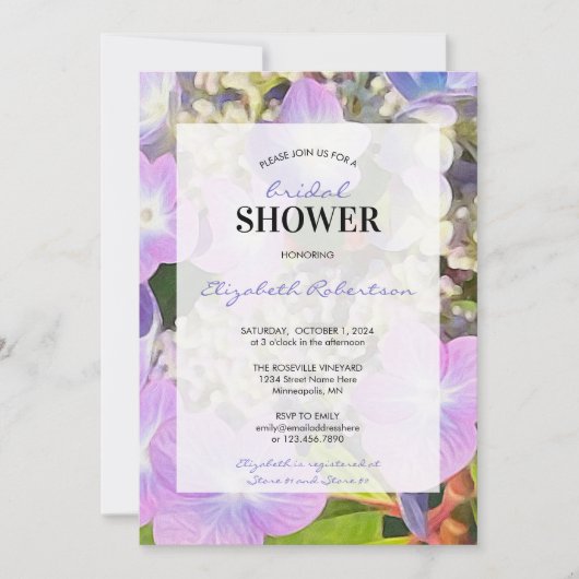 ブライダルシャワーパープルブルーアジサイの花をテーマにした 招待状 (正面)