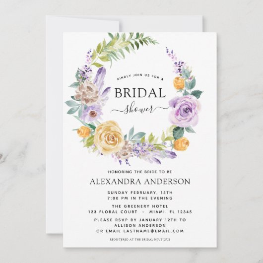 ブライダルシャワーパープルボタニカルリース 招待状 (正面)
