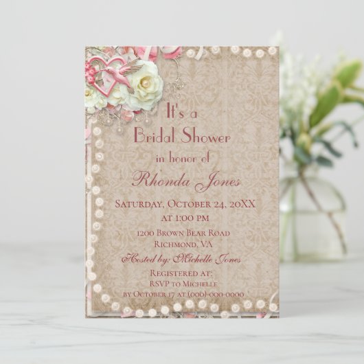 ブライダルシャワーパールピンクとブラウン 招待状 (スタンド正面)