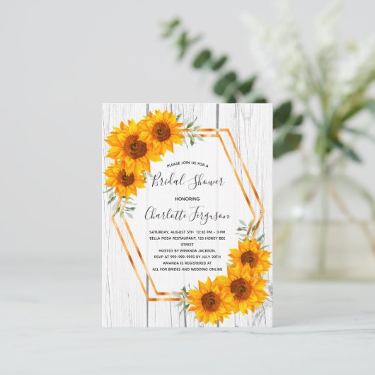 ブライダルシャワーヒマワリ木材金ゴールド幾何学模様 ポストカード (スタンド正面)