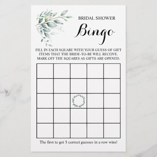 ブライダルシャワービンゴグリーンリーユーカリプタスゲームカード チラシ (正面)