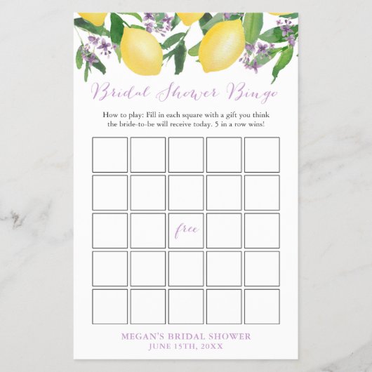 ブライダルシャワービンゴゲームカードとレモンズラベンダー チラシ (正面)