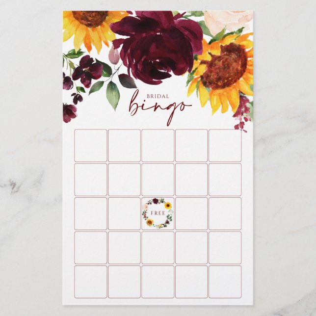 ブライダルシャワービンゴゲームサンフラワーバーガンディバラ (正面)