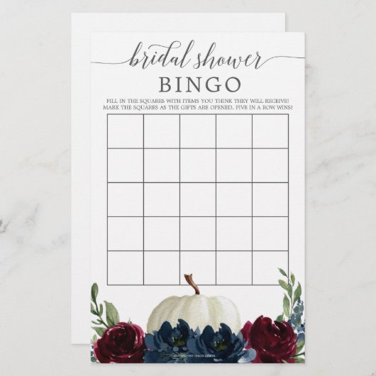 ブライダルシャワービンゴゲームブルガンディーネイビーカボチャ (正面/裏面)