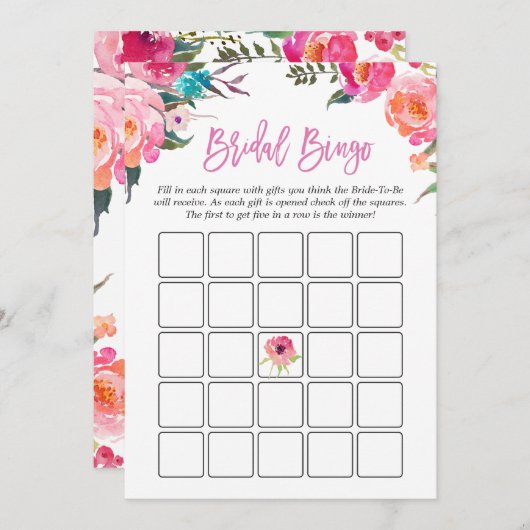 ブライダルシャワービンゴゲーム |水彩ピンクフローラ (正面/裏面)