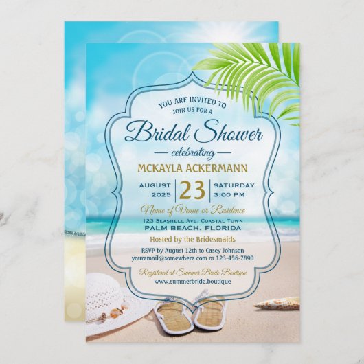 ブライダルシャワービーチ結婚式ハットパームリーフシーシェル 招待状 (正面/裏面)