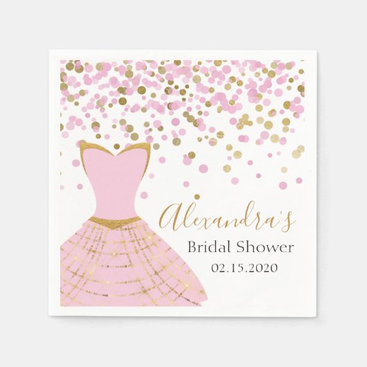 ブライダルシャワーピンクとゴールドフォイルドレス スタンダードカクテルナプキン (正面)