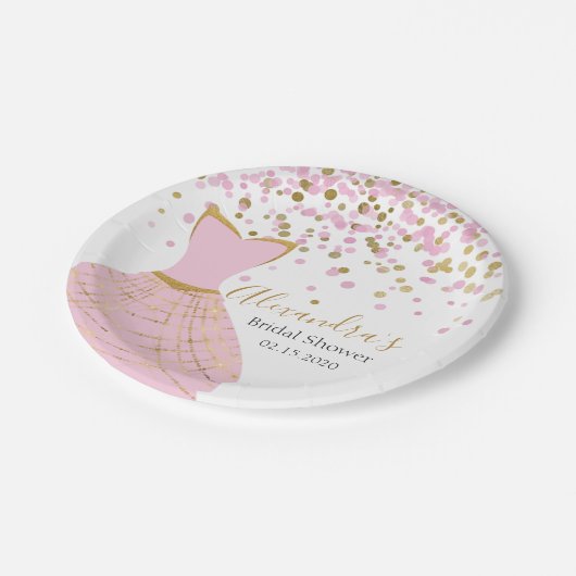 ブライダルシャワーピンクとゴールドフォイルドレス ペーパープレート (アングル)