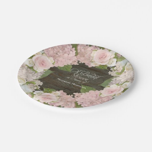 ブライダルシャワーピンクアジサイバラダークウッドバーン ペーパープレート (アングル)