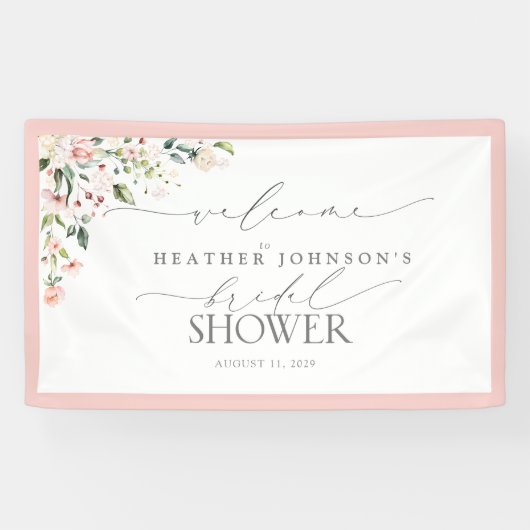 ブライダルシャワーピンクウォーターカラーフローラ歓迎 横断幕 (横)