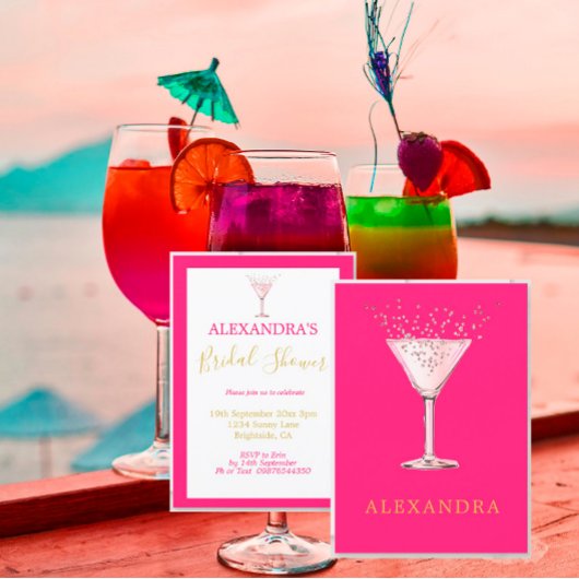 ブライダルシャワーピンクカクテル金ゴールドシンプル招待状 招待状