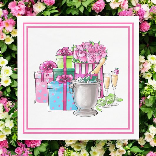 ブライダルシャワーピンクグリーンギフトシャンパングラス スタンダードランチョンナプキン