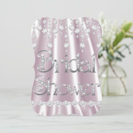 ブライダルシャワーピンクシルクダイヤモンドクリスタルシルバー 招待状 (スタンド正面)