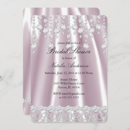 ブライダルシャワーピンクシルクダイヤモンドクリスタル 招待状 (正面/裏面)