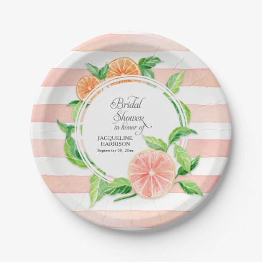 ブライダルシャワーピンクストライプのシトラスオレンジアート ペーパープレート (正面)