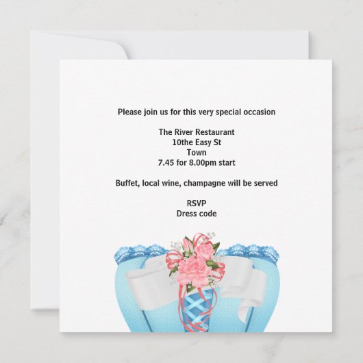 ブライダルシャワーピンクティール(緑がかった色)ホワイトコルセットバラ花 招待状 (裏面)