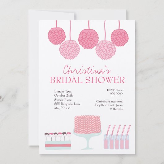 ブライダルシャワーピンクパーティーラッフルケーキ招待状 招待状 (正面)