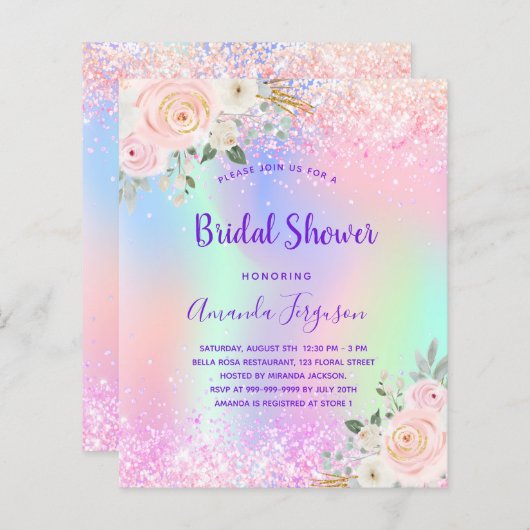 ブライダルシャワーピンクパープルフローラ予算の招待 (正面/裏面)