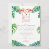 ブライダルシャワーピンクフラミンゴストライプリーフ水彩 招待状 (正面)