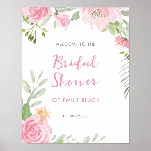 ブライダルシャワーピンクフローラウェルカムサイン ポスター (正面)