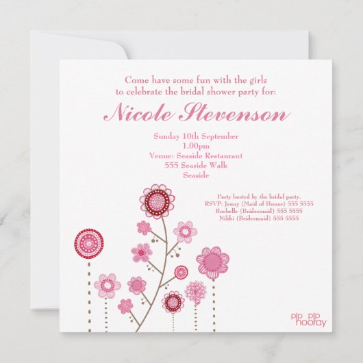 ブライダルシャワーピンクフローラガーリー招待状 招待状 (裏面)