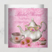 ブライダルシャワーピンクフローラティーカップケーキパーティー 招待状 (正面/裏面)