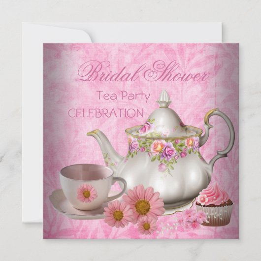 ブライダルシャワーピンクフローラティーカップケーキパーティー 招待状 (正面)
