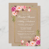 ブライダルシャワーピンクフローラ金ゴールドクラフト招待状 (正面/裏面)