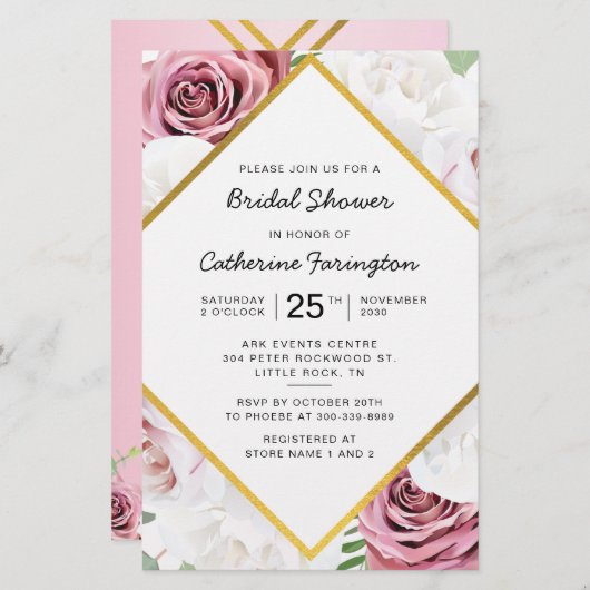 ブライダルシャワーピンクフローラ金ゴールドフレーム招待状 便箋 (正面/裏面)