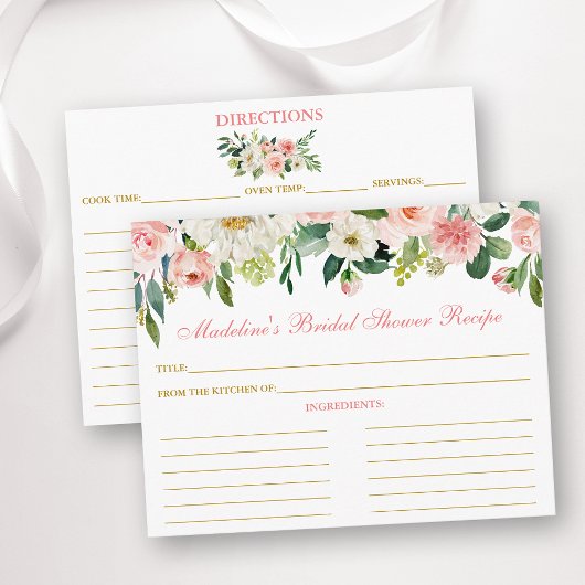 ブライダルシャワーピンクホワイトフローラ金ゴールドレシピカード アドバイスカード