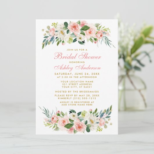 ブライダルシャワーピンクホワイトフローラ金ゴールド招待状P 招待状 (スタンド正面)