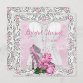ブライダルシャワーピンクローズハイヒールレースグラム 招待状 (正面/裏面)