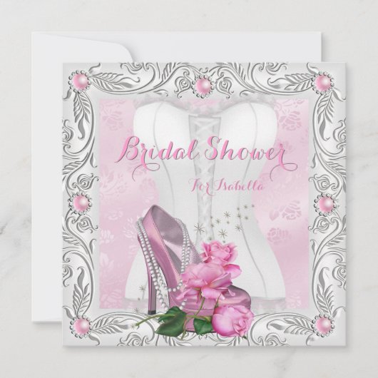 ブライダルシャワーピンクローズハイヒールレースグラム 招待状 (正面)